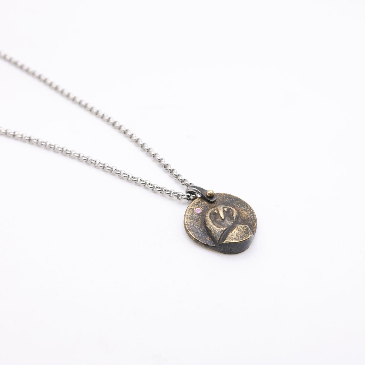 Hand-Forged Bronze Owl Necklace with a Diamond