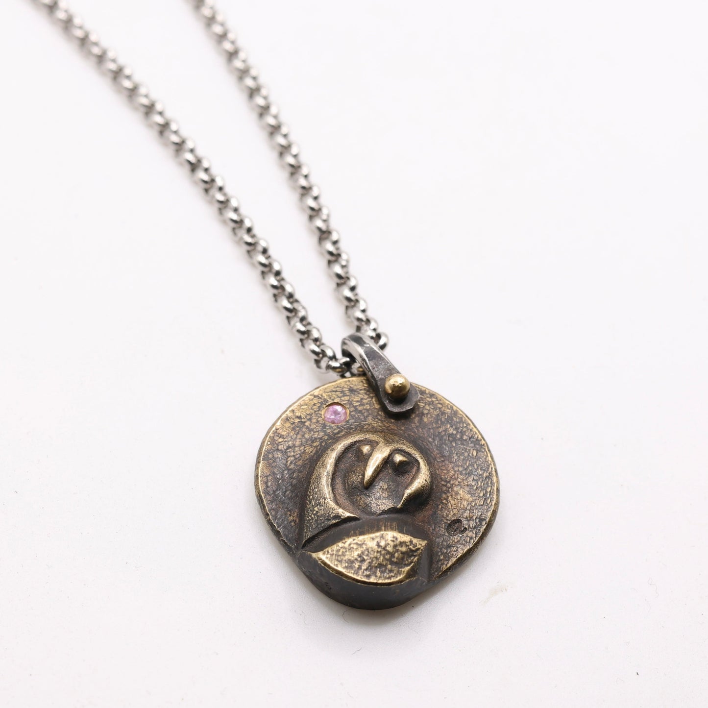 Hand-Forged Bronze Owl Necklace with a Diamond