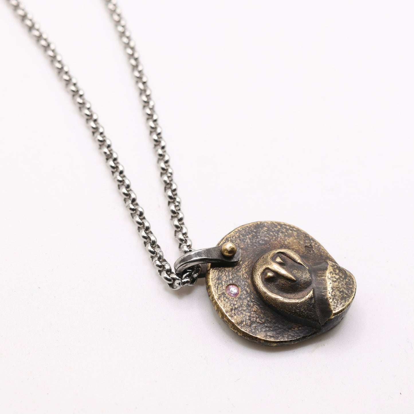 Hand-Forged Bronze Owl Necklace with a Diamond