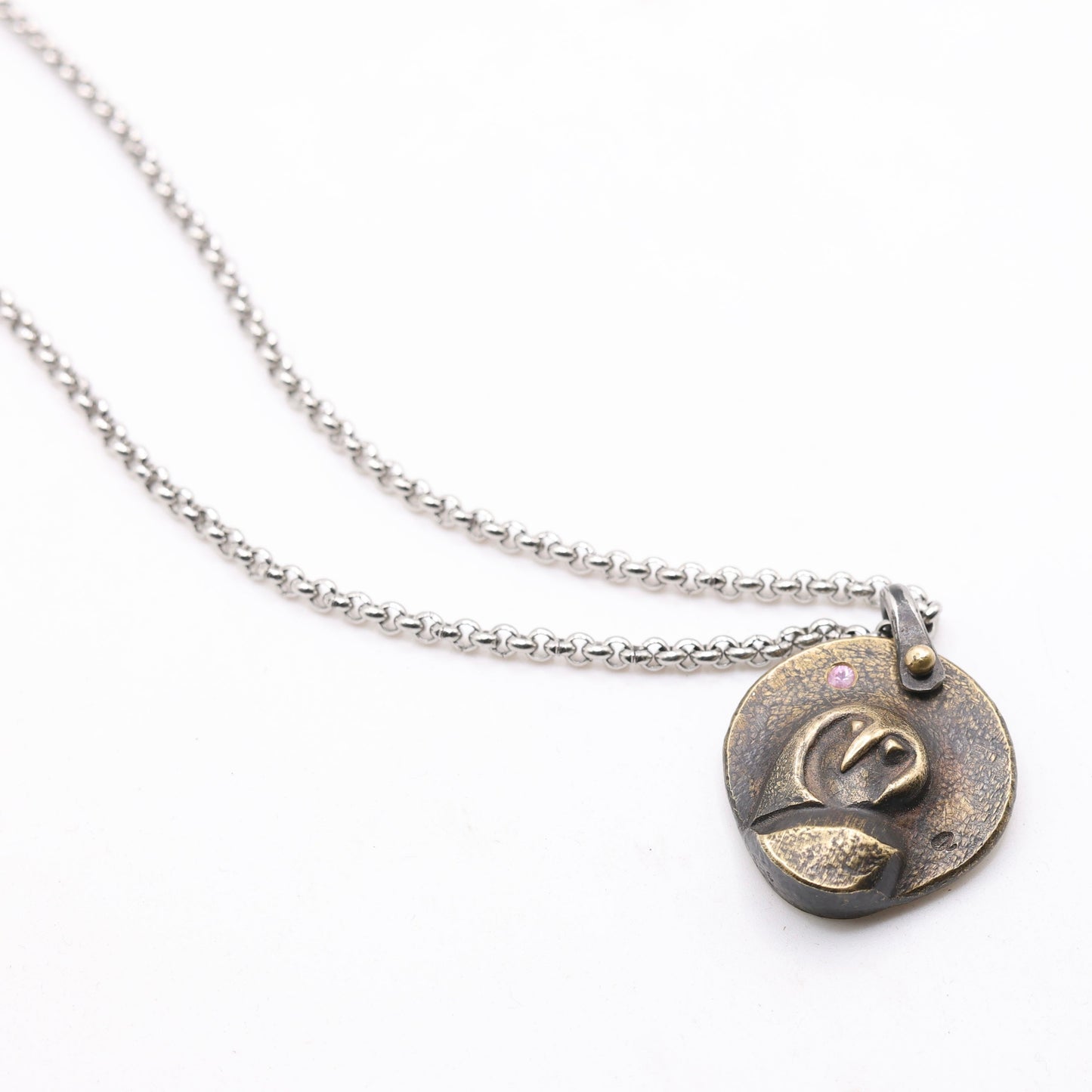 Hand-Forged Bronze Owl Necklace with a Diamond