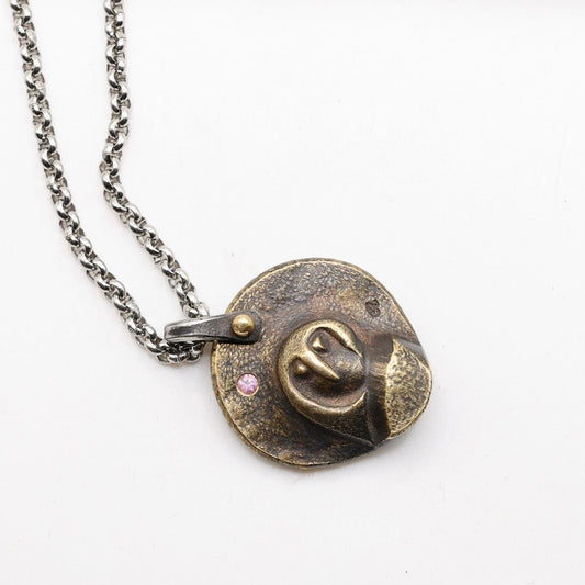 Hand-Forged Bronze Owl Necklace with a Diamond